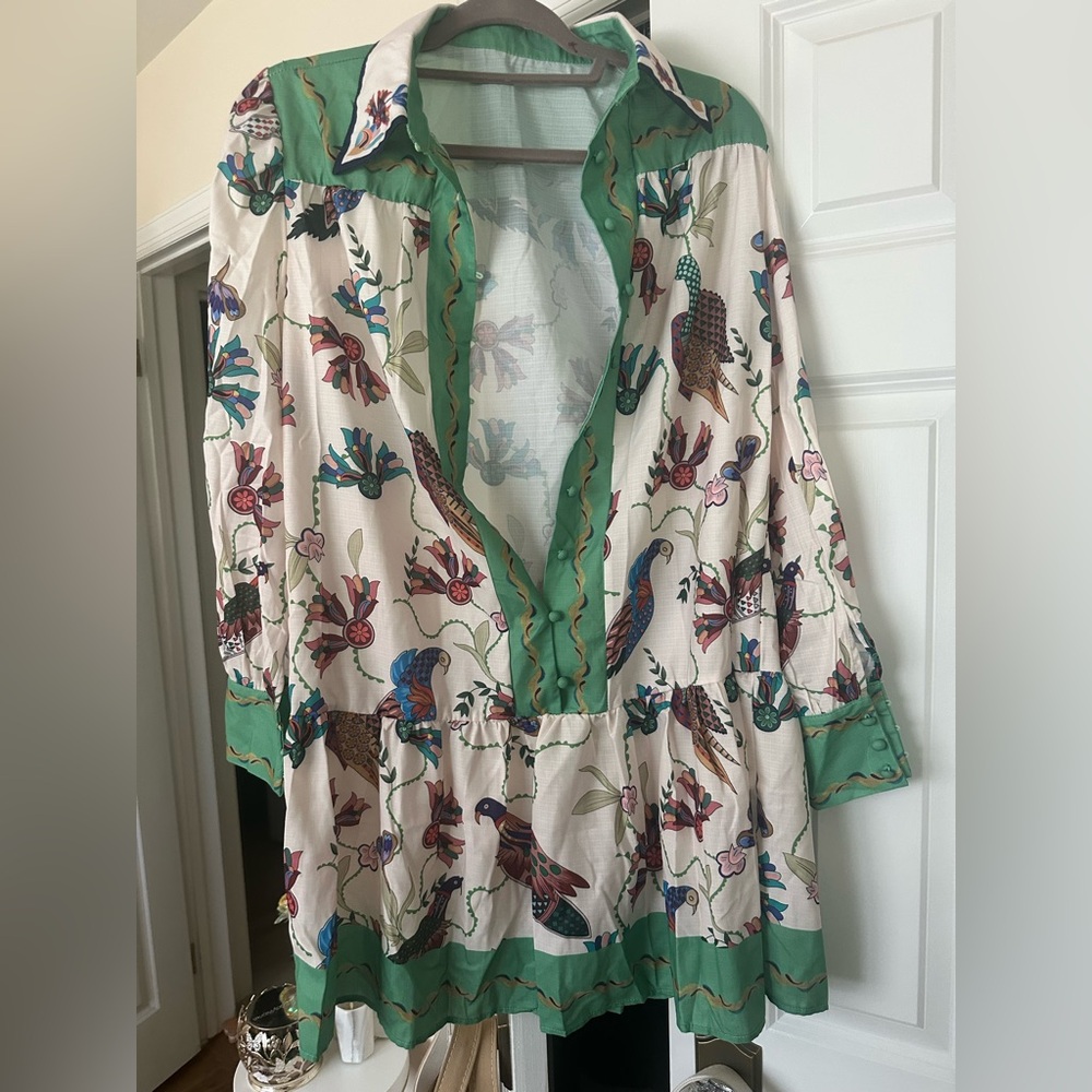 Floral Bird Print Blouse with Green Accents